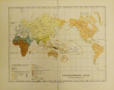1899 - alter Druck - Ethnographische Karte - Verbreitung der Menschenrassen